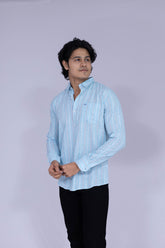 Men's light blue shirt with red and white double vertical stripes